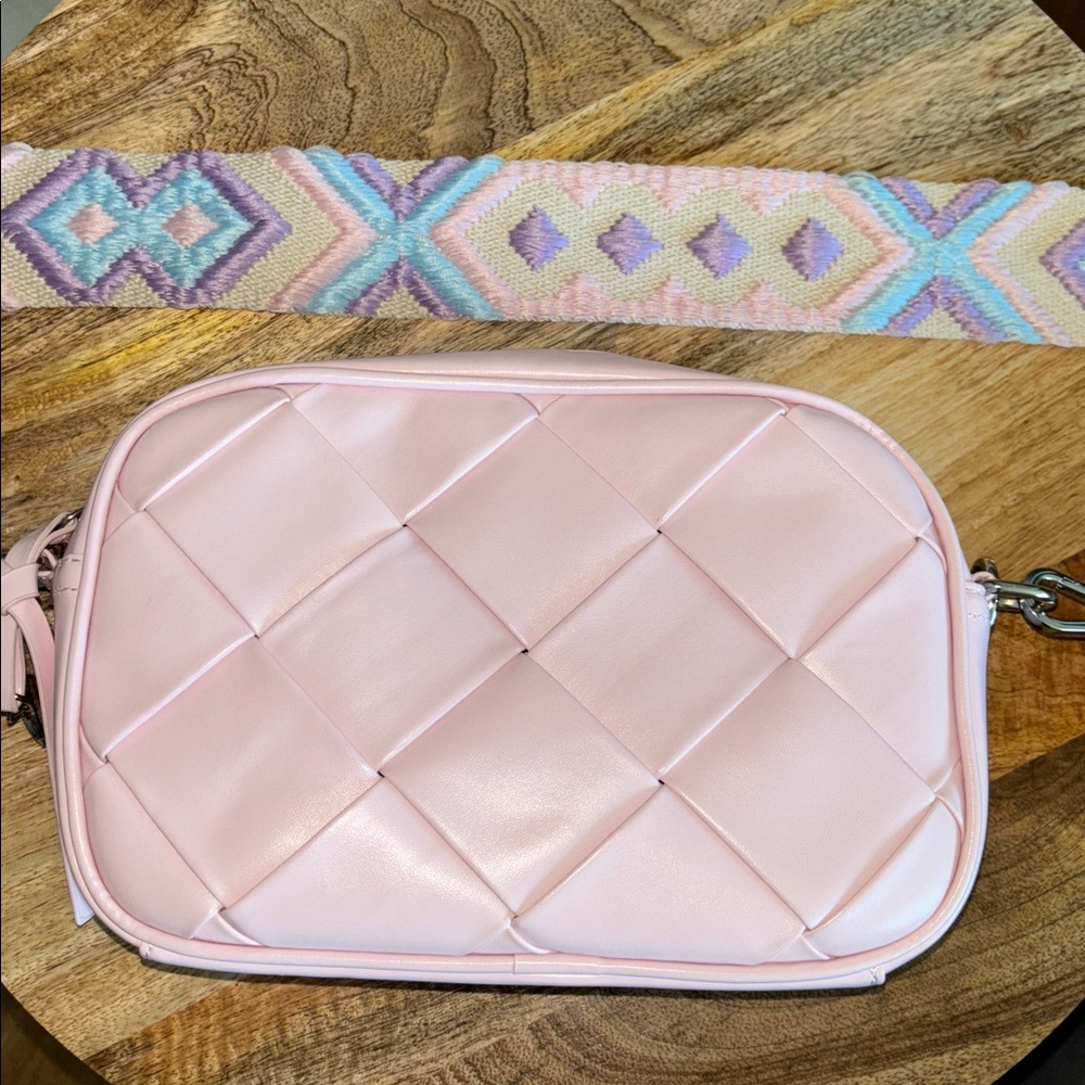 Pink Lily Woven Crossbody Bag with Patterned Strap